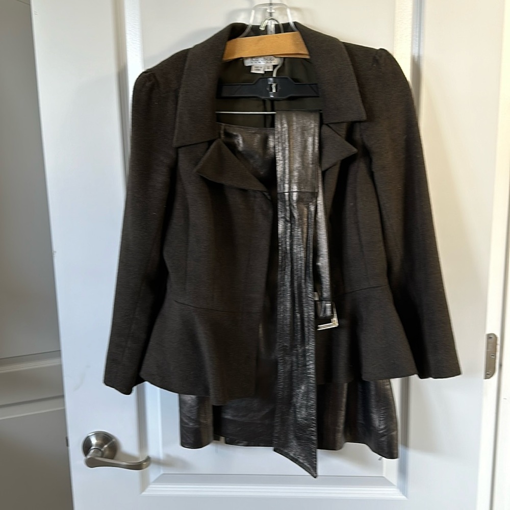 Kay Unger suit — faux leather skirt and belt with soft flannel jacket.